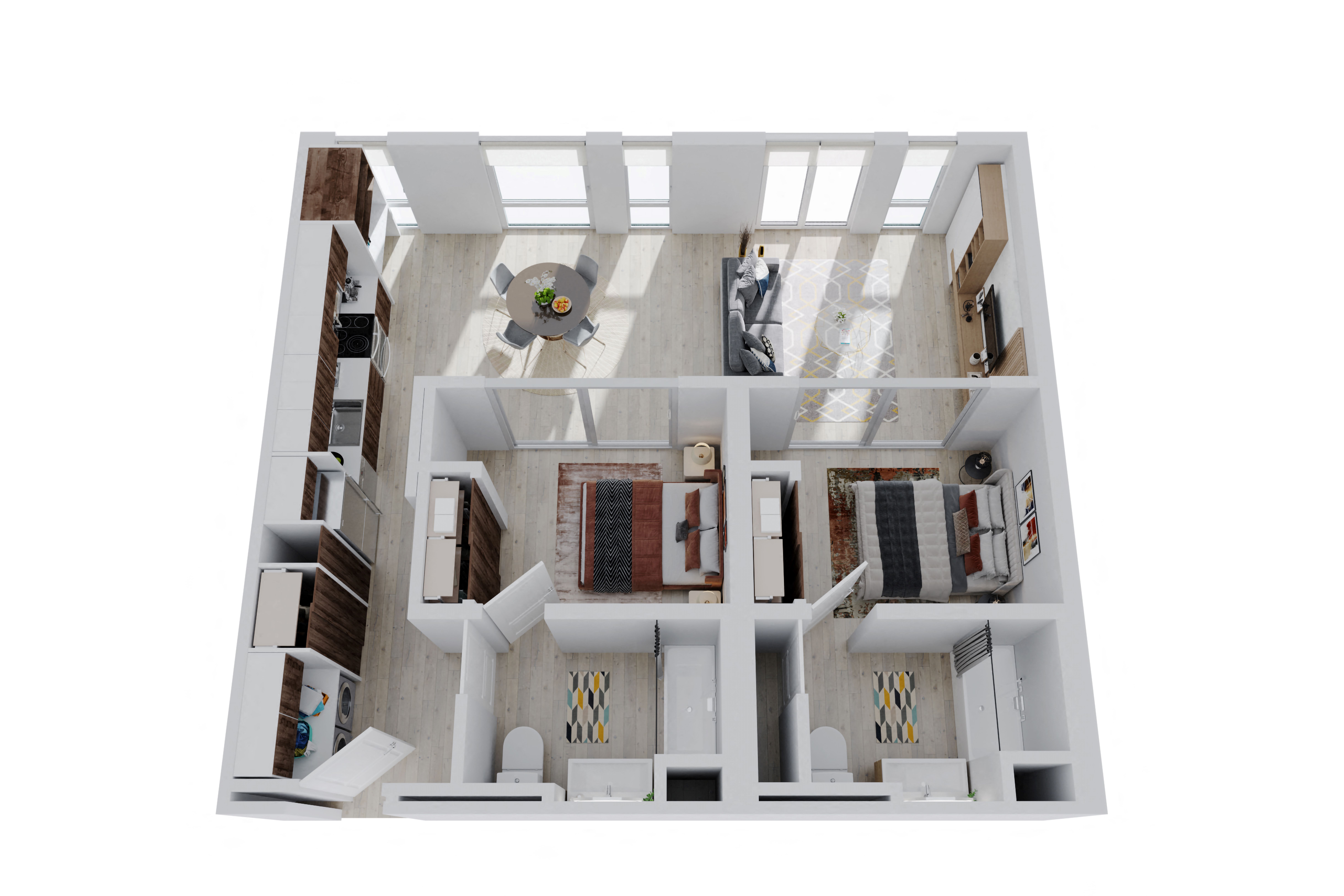 Floor plan for 2 beds, 2 baths, 827 sqft